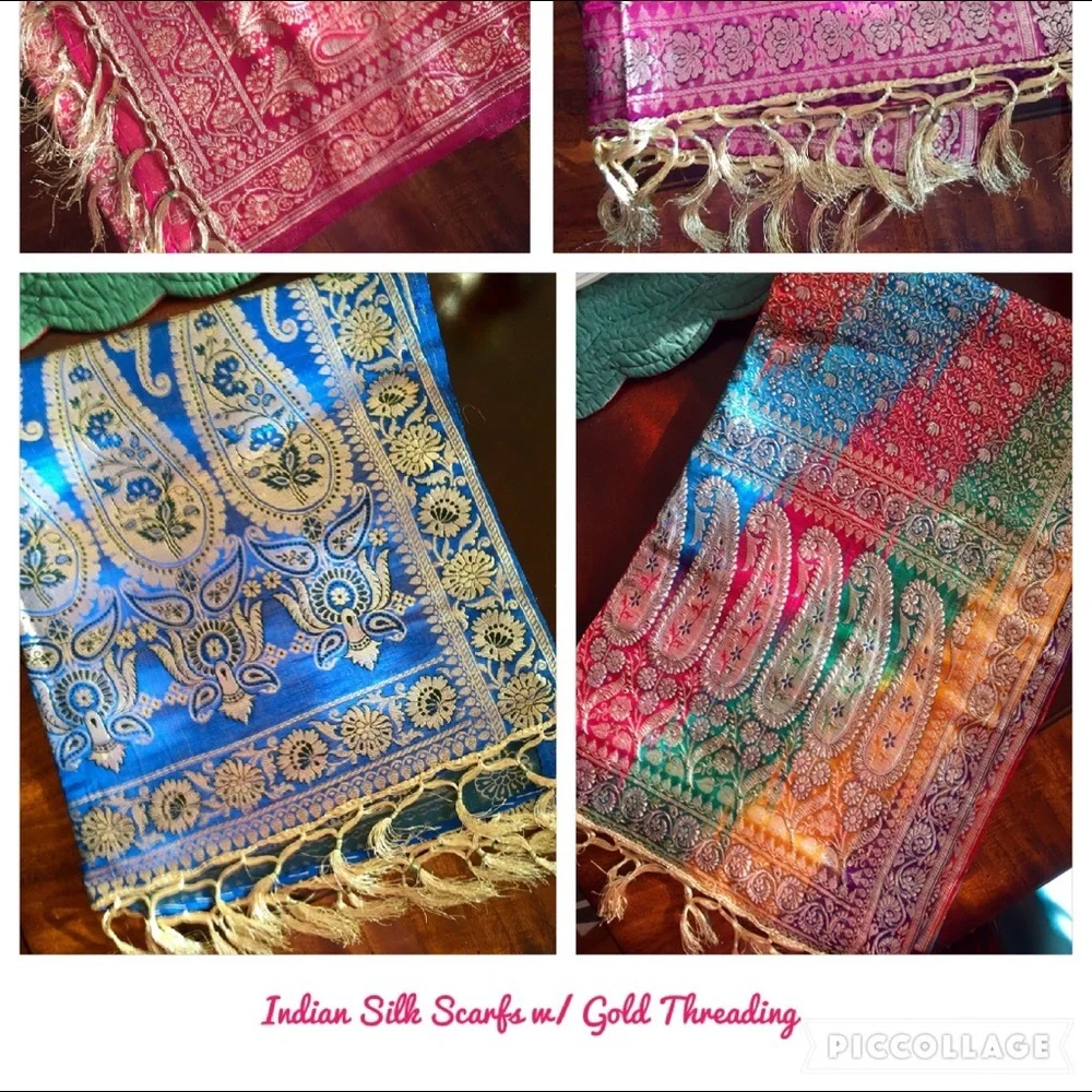 Indian Elegant Silk Scarfs with Gold Threading IN PINK NEW Tapestry Vintage